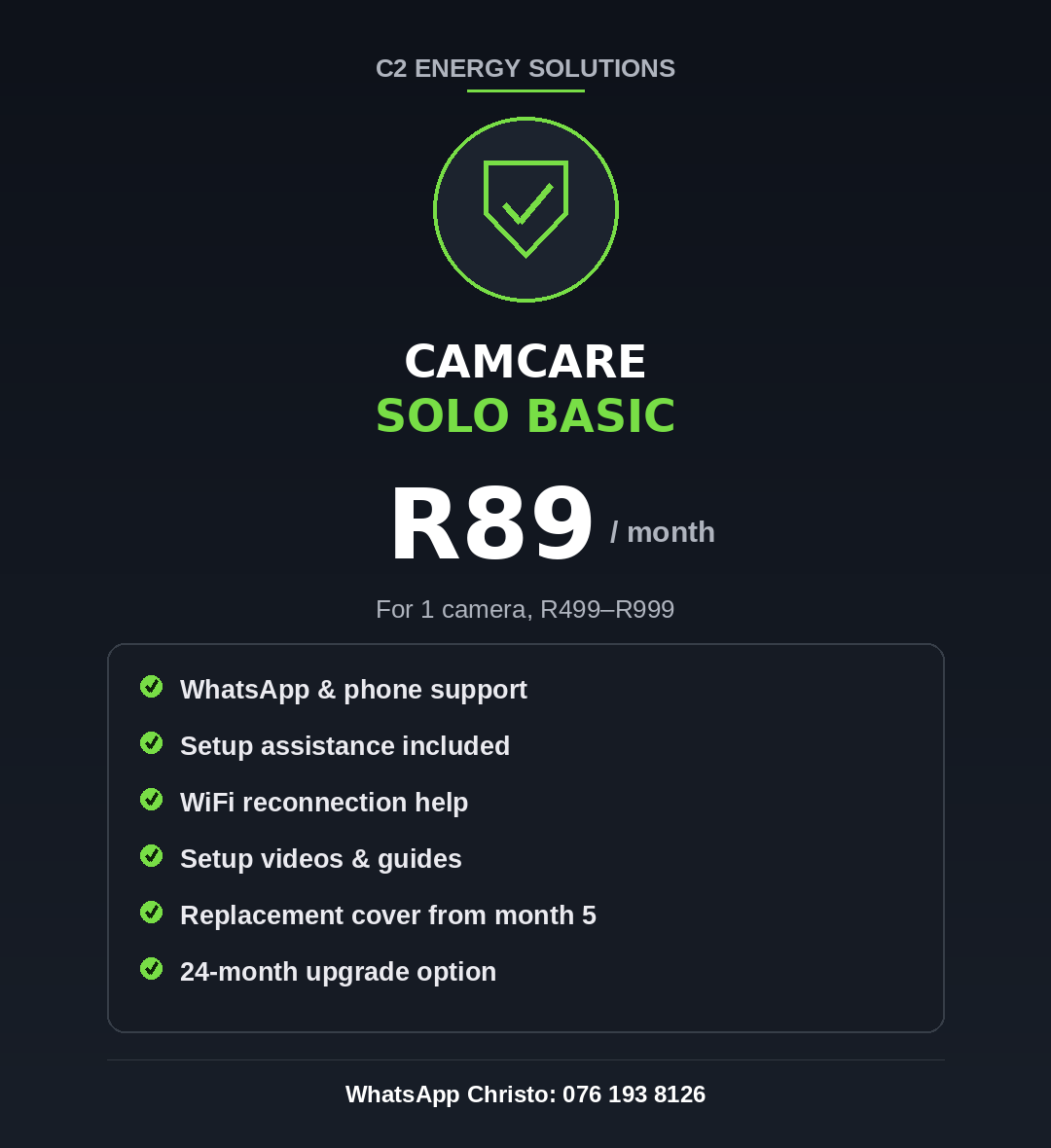 CamCare Solo Basic- Protect Cameras ranging from R499 - R999